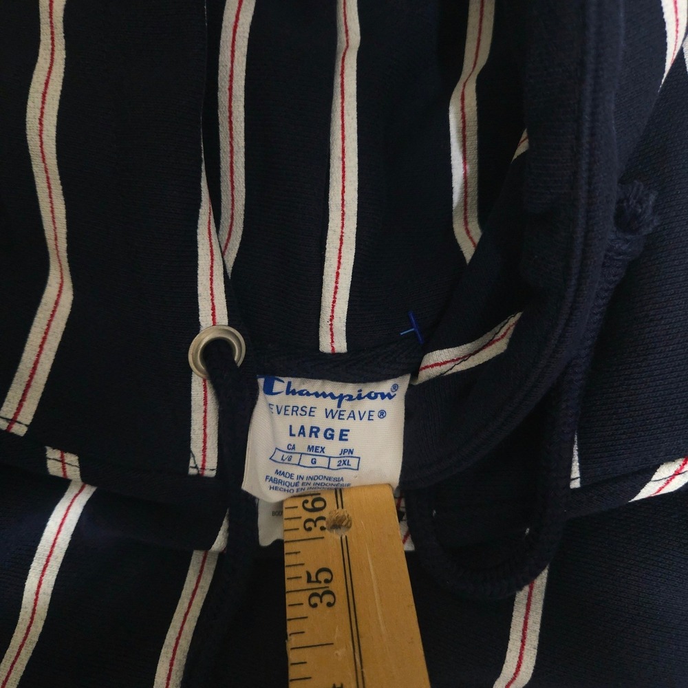 Womens Champion Reverse Weave Striped Hoodie Navy Blue White Large Sweatshirt - Picture 5 of 7